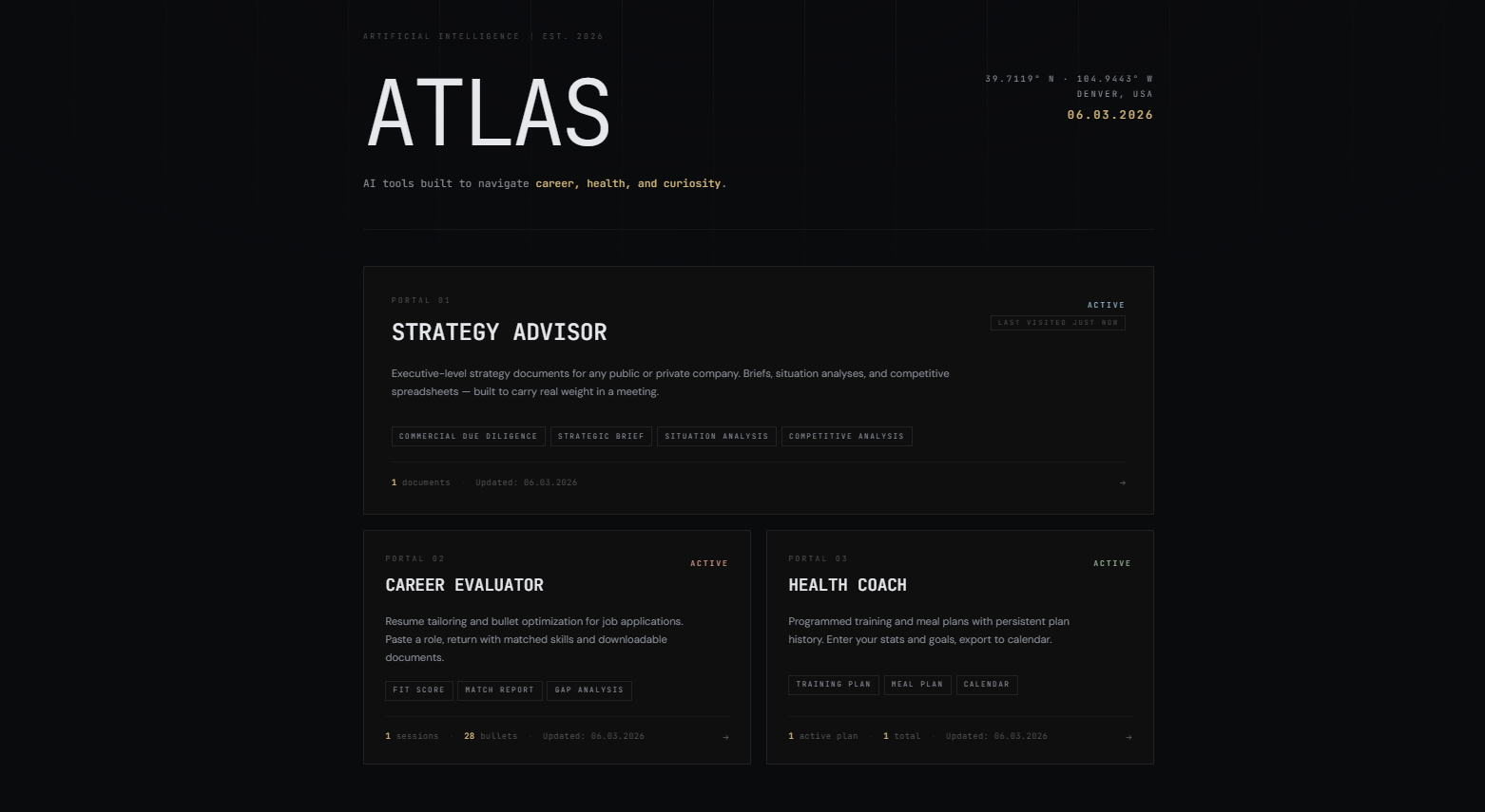 Atlas portal landing page showing the Strategy Advisor, Career Evaluator, and Health Coach tools